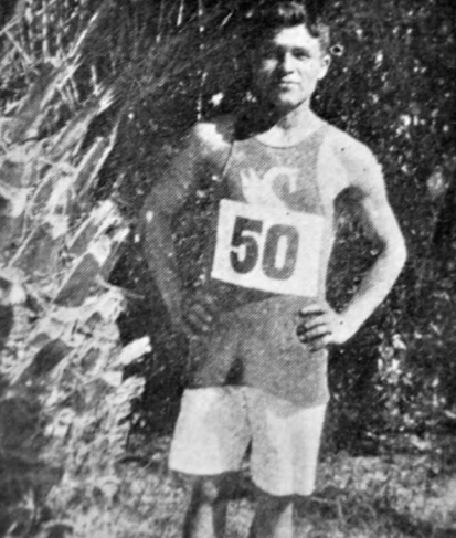 Philip Zeyouma at the 1912 Los Angeles Times Modified Marathon. Zeyouma is wearing a shirt that depicts the flying snake of the Hopi. Photograph courtesy of the Sherman Indian Museum, Riverside, California. Accessed on "BEYOND THE MESAS" 2.12.2016